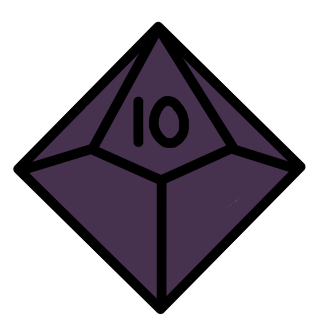 A dark purple pentagonal trapezohedron, which is a 10 sided 3D diamond sort of shape,  with a 10 on one side. 